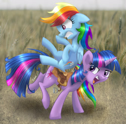 Size: 1406x1385 | Tagged: safe, alternate version, artist:helmie-d, artist:modecom1, character:rainbow dash, character:twilight sparkle, character:twilight sparkle (unicorn), species:pegasus, species:pony, species:unicorn, cornfield, duo, female, mare, open mouth, ponies riding ponies, riding, saddle, scenery, tack