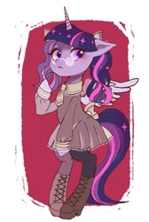 Size: 687x1023 | Tagged: safe, artist:yam, character:twilight sparkle, character:twilight sparkle (alicorn), species:alicorn, species:pony, alternate hairstyle, bipedal, boots, clothing, dress, glasses, hooves, pantyhose, pigtails, semi-anthro, shoes