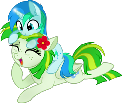 Size: 4110x3500 | Tagged: safe, artist:aureai, oc, oc only, oc:cyan lightning, oc:green lightning, species:pegasus, species:pony, species:unicorn, .svg available, colt, duo, ear fluff, eyes closed, female, flower, flower in hair, folded wings, freckles, happy, laughing, magic, male, mare, mother and son, open mouth, pony hat, prone, raised hoof, simple background, smiling, transparent background, vector