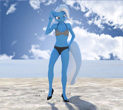 Size: 2200x1980 | Tagged: safe, artist:jawolfadultishart, character:trixie, species:anthro, species:plantigrade anthro, 3d, beach, belly button, bikini, clothing, dancing, dancing queen, daz studio, female, high heels, polka dot swimsuit, sand, shoes, solo, swimsuit, tap dancing, this will end with lots and lots of money (but not really)