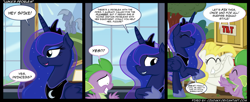 Size: 1755x715 | Tagged: safe, artist:epulson, character:princess luna, character:spike, character:surprise, species:alicorn, species:pegasus, species:pony, g1, g4, comic, dialogue, dynamite, explosives, female, g1 to g4, generation leap, hoof shoes, mare, speech bubble, this will end in tears, tnt