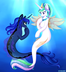 Size: 1993x2175 | Tagged: safe, artist:mailner, character:princess celestia, character:princess luna, species:seapony (g4), my little pony: the movie (2017), crown, cute, eyelashes, female, glow, horn, jewelry, looking at each other, magic, magic aura, necklace, ocean, present, regalia, seaponified, seapony celestia, seapony luna, sisters, smiling, species swap, tail, underwater, water