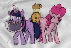 Size: 700x476 | Tagged: safe, artist:crowneprince, character:applejack, character:pinkie pie, character:twilight sparkle, character:twilight sparkle (alicorn), species:alicorn, species:pony, behind, book, forced meme, group, meme, mouthbutt, not salmon, plot, reading, talking, wat, what has science done, wingface, wingmouth