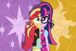 Size: 12000x8000 | Tagged: safe, alternate version, artist:spottedlions, character:sunset shimmer, character:twilight sparkle, character:twilight sparkle (scitwi), species:eqg human, my little pony:equestria girls, absurd resolution, clothing, duo, glasses, jacket, shirt, split screen, two sided posters, two sides, vest