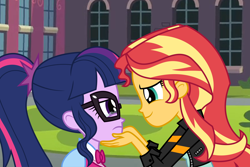 Size: 6000x4000 | Tagged: safe, artist:spottedlions, character:sunset shimmer, character:twilight sparkle, character:twilight sparkle (scitwi), species:eqg human, ship:scitwishimmer, ship:sunsetsparkle, my little pony:equestria girls, absurd resolution, bow tie, canterlot high, clothing, comforting, courtyard, crying, duo, female, glasses, jacket, leather jacket, lesbian, ponytail, shipping