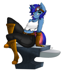 Size: 1300x1548 | Tagged: safe, artist:zzvinniezz, oc, oc only, oc:ryo, species:anthro, species:pony, species:unicorn, anthro oc, anvil, boots, clothing, commission, female, gloves, goggles, mare, pants, shoes, simple background, transparent background