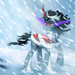 Size: 1000x1000 | Tagged: dead source, safe, artist:dotoriii, character:king sombra, species:pony, species:unicorn, clothing, crown, curved horn, fangs, female, horn, jewelry, looking back, mare, queen umbra, raised hoof, regalia, rule 63, snow, snowfall, solo, sombra eyes