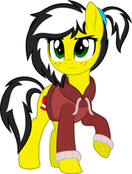 Size: 4000x5267 | Tagged: safe, artist:aureai, oc, oc only, oc:uppercute, species:pony, clothing, female, freckles, frown, hoodie, mare, raised hoof, simple background, solo, transparent background, vector