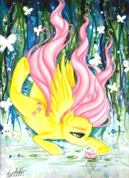 Size: 3402x4677 | Tagged: safe, artist:dantethehuman, character:fluttershy, species:pegasus, species:pony, falling, female, flower, looking at something, looking down, mare, smiling, solo, spread wings, traditional art, water, water lily, watercolor painting, wings
