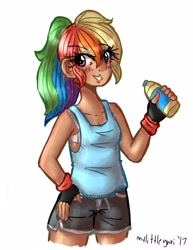 Size: 2975x3850 | Tagged: safe, artist:midoriya_shouto, character:rainbow dash, species:human, athlete, blushing, bra, clothing, digital art, female, hand on hip, humanized, implied exercise, looking at you, multicolored hair, ponytail, shorts, solo, sports bra, sports shorts, tank top, underwear, water bottle, wristband