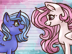 Size: 1024x770 | Tagged: safe, artist:twixyamber, character:princess celestia, character:princess luna, species:pony, cewestia, female, filly, filly celestia, filly luna, pink-mane celestia, sisters, woona, younger