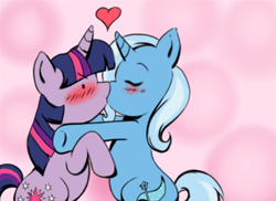 Size: 329x240 | Tagged: safe, artist:crystal-secret, character:trixie, character:twilight sparkle, species:pony, ship:twixie, female, kissing, lesbian, shipping
