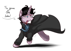Size: 1400x1000 | Tagged: safe, artist:redheadfly, species:pony, species:unicorn, clothing, crossover, dialogue, male, ponified, sherlock, sherlock holmes, simple background, solo, stallion, white background