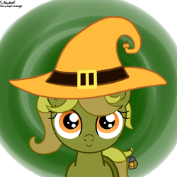 Size: 800x800 | Tagged: safe, artist:saria the frost mage, oc, oc only, oc:pumpkin patch, species:pony, clothing, cute, female, filly, hat, lantern, smiling, smol!, solo, this will end in snuggles, witch