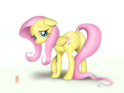 Size: 4632x3508 | Tagged: safe, alternate version, artist:celsian, character:fluttershy, species:pegasus, species:pony, absurd resolution, cute, dock, female, floppy ears, flutterbutt, looking at you, mare, plot, shyabetes, simple background, solo, standing, underhoof
