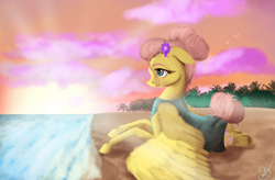 Size: 5585x3661 | Tagged: safe, artist:vinicius040598, character:fluttershy, species:pegasus, species:pony, alternate hairstyle, beach, clothing, cloud, female, flower, flower in hair, hair bun, mare, prone, smiling, solo, sunset, swimsuit