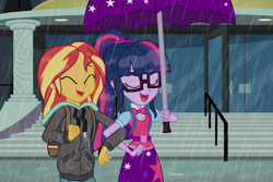 Size: 6000x4000 | Tagged: safe, artist:spottedlions, character:sunset shimmer, character:twilight sparkle, character:twilight sparkle (scitwi), species:eqg human, ship:scitwishimmer, ship:sunsetsparkle, episode:monday blues, eqg summertime shorts, g4, my little pony: equestria girls, my little pony:equestria girls, absurd resolution, bag, belt, bow tie, clothing, duo, female, glasses, hoodie, lesbian, ponytail, rain, shipping, skirt, umbrella, vest, wet hair