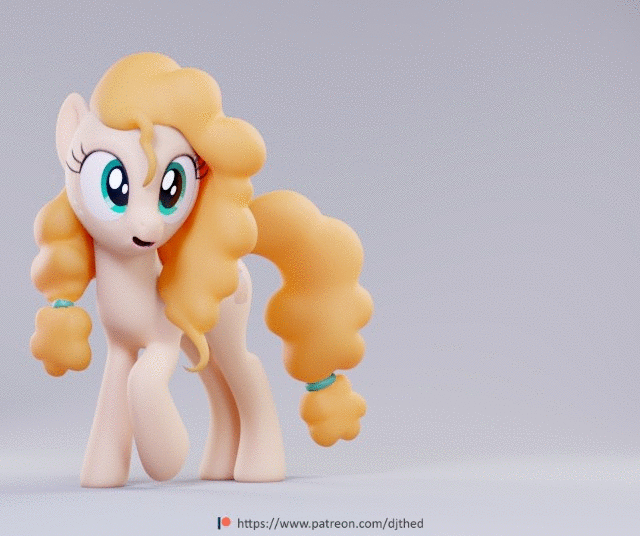 Size: 640x536 | Tagged: safe, artist:therealdjthed, character:pear butter, species:earth pony, species:pony, episode:the perfect pear, g4, my little pony: friendship is magic, 3d, 3d model, animated, blender, blinking, bowing, crossed hooves, curtsey, cute, cycles, cycles render, eyes closed, female, gif, gray background, grin, hnnng, implied royalty, mare, model:djthed, patreon, patreon logo, pearabetes, raised hoof, royalty, simple background, smiling, solo, sweet dreams fuel, walking, weapons-grade cute