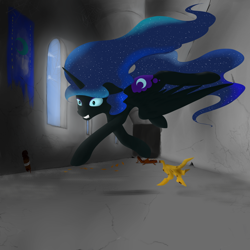 Size: 3000x3000 | Tagged: safe, artist:ruanshi, character:nightmare moon, character:princess luna, species:alicorn, species:pony, banana peel, castle, female, majestic as fuck, mare, missing accessory, solo, trap