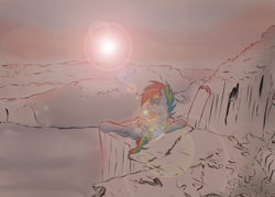 Size: 1400x1000 | Tagged: safe, artist:redheadfly, character:rainbow dash, species:pegasus, species:pony, newbie artist training grounds, atg 2017, bandage, cliff, female, lens flare, mare, mountain, prone, river, scenery, solo, sun