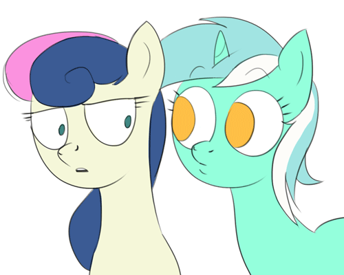 Size: 500x400 | Tagged: safe, artist:ehfa, character:bon bon, character:lyra heartstrings, character:sweetie drops, species:earth pony, species:pony, species:unicorn, animated, bon bon is not amused, duo, female, gif, licking, mare, no pupils, simple background, tongue out, unamused, white background
