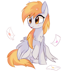 Size: 453x453 | Tagged: safe, artist:aureai, character:derpy hooves, species:pegasus, species:pony, chest fluff, cute, derpabetes, ear fluff, female, happy, letter, mare, raised hoof, simple background, sitting, solo, spread wings, tongue out, white background, wings
