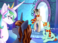 Size: 2700x2000 | Tagged: safe, artist:mailner, character:princess celestia, species:alicorn, species:pony, species:unicorn, blue eyes, blushing, clothing, crossover, green eyes, harry potter, hermione granger, mirror, palace, ron weasley, scarf, smiley face