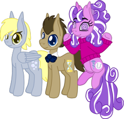 Size: 1625x1558 | Tagged: safe, artist:casanova-mew, character:derpy hooves, character:doctor whooves, character:screwball, character:time turner, species:pony, ship:derpball, ship:doctorderpy, bisexual, bow tie, clothing, derpball, doctorderpball, female, lesbian, male, older, polyamory, screwhooves, shipping, simple background, straight, sweater, transparent background