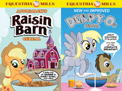 Size: 1024x768 | Tagged: safe, artist:tim-kangaroo, character:applejack, character:derpy hooves, character:doctor whooves, character:time turner, species:pony, cereal, dialogue, exploitable meme, food, juice, meme, milk, muffin, parody, poster, raisin bran, spilled milk, updated, waffle