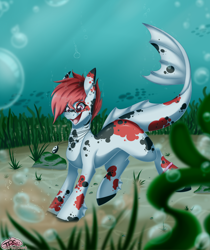 Size: 2600x3100 | Tagged: safe, artist:pinktabico, oc, oc only, species:pony, bubble, commission, fish, male, open mouth, original species, seaweed, smiling, solo, stallion, underwater