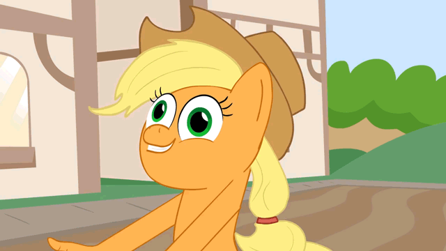 Size: 640x360 | Tagged: safe, artist:piemations, character:applejack, species:pony, animated, caption, derp, faec, female, friendship is violence, gif, grimdark source, hand, kek, solo, suddenly hands, thumbs up, top kek, wat
