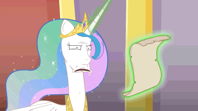 Size: 640x360 | Tagged: safe, artist:piemations, character:princess celestia, species:pony, animated, disgusted, female, friendship is violence, gif, glowing horn, grimdark source, jewelry, magic, piemations what have you done, regalia, scroll, solo, telekinesis