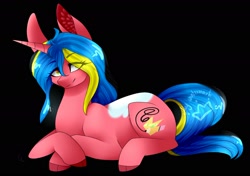 Size: 1916x1351 | Tagged: safe, artist:alithecat1989, oc, oc only, oc:ali, species:pony, species:unicorn, black background, female, mare, prone, simple background, solo