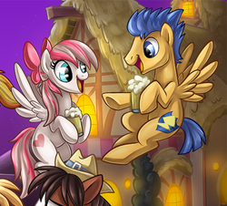Size: 960x869 | Tagged: safe, artist:sciggles, character:angel wings, character:flash sentry, species:pony, best friends, cider, cropped