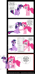 Size: 947x2000 | Tagged: safe, artist:tamalesyatole, character:pinkie pie, character:twilight sparkle, species:earth pony, species:pony, species:unicorn, comic, duo, duo female, female, fourth wall, mare, pinkie being pinkie, poking