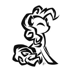 Size: 1500x1500 | Tagged: safe, artist:hexfloog, character:pinkie pie, species:earth pony, species:pony, black and white, commission, grayscale, monochrome, simple background, sitting, tattoo, tattoo design, white background