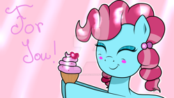 Size: 1024x576 | Tagged: safe, artist:susanzx2000, character:cup cake, species:pony, blushing, cake, chiffon swirl, cupcake, cute, cute cake, deviantart watermark, eyes closed, female, food, holding, mare, obtrusive watermark, smiling, solo, text, watermark, young, younger