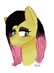 Size: 2000x2700 | Tagged: safe, artist:itzdatag0ndray, character:fluttershy, species:pony, alternate hair color, bust, eyeshadow, female, goth, hair dye, makeup, simple background, solo
