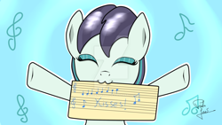 Size: 1024x576 | Tagged: safe, artist:susanzx2000, character:coloratura, species:earth pony, species:pony, :3, eyes closed, eyeshadow, female, filly, kisses, makeup, music notes, rara, rarabetes, sheet music, shiny mane, solo, watermark