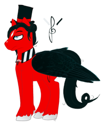 Size: 547x645 | Tagged: safe, artist:overlord pony, oc, oc only, oc:crimson corrado, species:pegasus, species:pony, clothing, cutie mark background, facial markings, hat, male, red and black oc, reference sheet, simple background, solo, stallion, top hat, transparent background, unshorn fetlocks