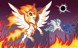 Size: 1280x800 | Tagged: safe, artist:tim-kangaroo, character:daybreaker, character:princess celestia, character:princess luna, species:alicorn, species:pony, 3d, canterlot, eclipse, female, fire, mare, solar eclipse