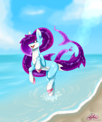 Size: 2600x3100 | Tagged: safe, artist:pinktabico, oc, oc only, species:pony, cute, female, goo pony, mare, open mouth, original species, shark pony, sky, smiling, solo, water