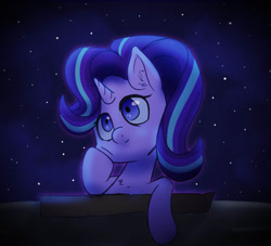 Size: 1047x949 | Tagged: safe, artist:ikarooz, character:starlight glimmer, species:pony, species:unicorn, bust, chest fluff, cute, ear fluff, female, glimmerbetes, hoof on cheek, looking away, looking up, mare, night, night sky, sky, solo, stars