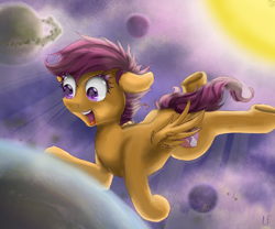 Size: 1680x1400 | Tagged: safe, artist:redheadfly, character:scootaloo, species:pegasus, species:pony, commission, croup, cute, cutealoo, female, giant pony, macro, open mouth, planet, pony bigger than a planet, solo, space, sun, underhoof
