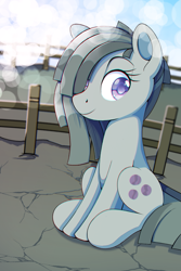 Size: 1061x1591 | Tagged: safe, artist:anonbelle, character:marble pie, species:earth pony, species:pony, colored pupils, female, hair over one eye, mare, sitting, smiling, solo