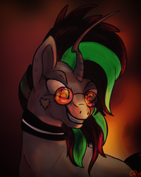 Size: 1000x1250 | Tagged: safe, artist:overlord pony, oc, oc only, oc:brokenbones, species:pony, species:unicorn, collar, curved horn, facial markings, fangs, female, glasses, looking at you, smiling, solo
