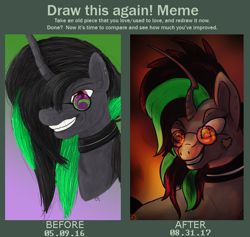 Size: 784x744 | Tagged: safe, artist:overlord pony, oc, oc only, oc:brokenbones, species:pony, species:unicorn, collar, curved horn, draw this again, female, glasses, progress, solo