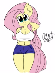 Size: 1899x2500 | Tagged: safe, artist:comet0ne, character:fluttershy, species:anthro, arm behind head, breasts, busty fluttershy, clothing, curvy, digital art, female, shorts, sketch, tank top