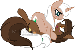Size: 985x654 | Tagged: safe, artist:sinamuna, base used, oc, oc only, oc:reese dream, oc:sugar glaze, species:pony, species:unicorn, au:equuis, blushing, couple, duo, eye contact, female, lesbian, looking at each other, old art, old design, simple background, sitting on pony, transparent background, watermark
