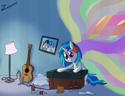 Size: 3850x2975 | Tagged: safe, artist:zaponator, character:dj pon-3, character:octavia melody, character:vinyl scratch, species:earth pony, species:pony, species:unicorn, ship:scratchtavia, bottle, fanfic, fanfic art, female, guitar, headphones, lamp, lesbian, mare, music, picture, shipping, smiling, solo, sunglasses, synesthesia